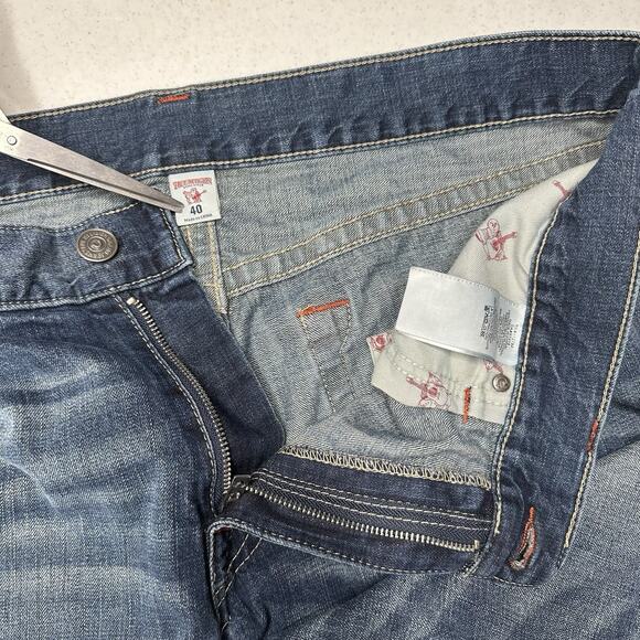 True Religion Jeans Mens 40x34 Section Straight Leg Blue Denim Distressed *Flaw - Picture 11 of 15